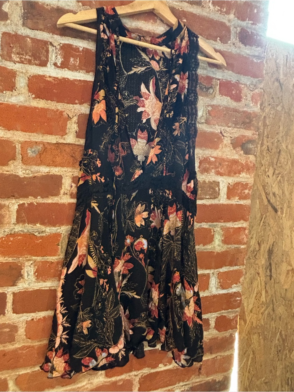 Free People Black Floral Mini Dress with Pink & Orange Blooms